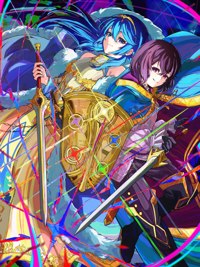 2girls, ahoge, alternate_costume, binding_shield, black_hair, blue_cape, blue_eyes, blue_hair
