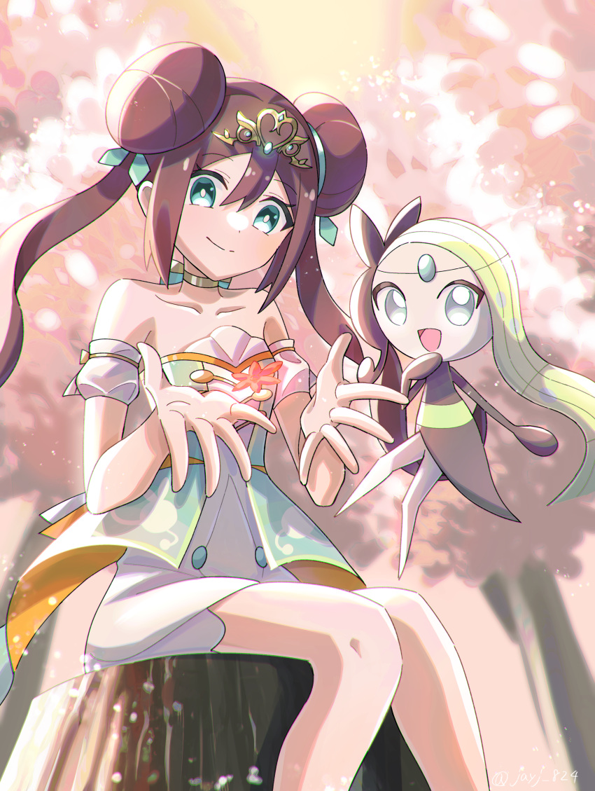 1girl, :d, absurdres, bare_shoulders, brown_hair, closed_mouth, collarbone, double_bun