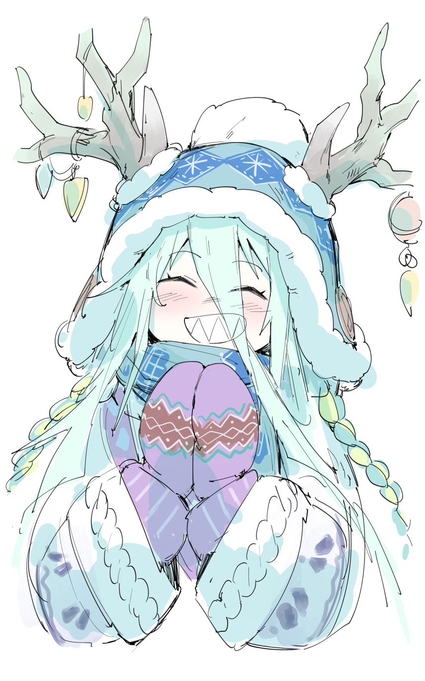 1girl, antlers, beanie, blue_hat, blue_scarf, blush, breasts, closed_eyes