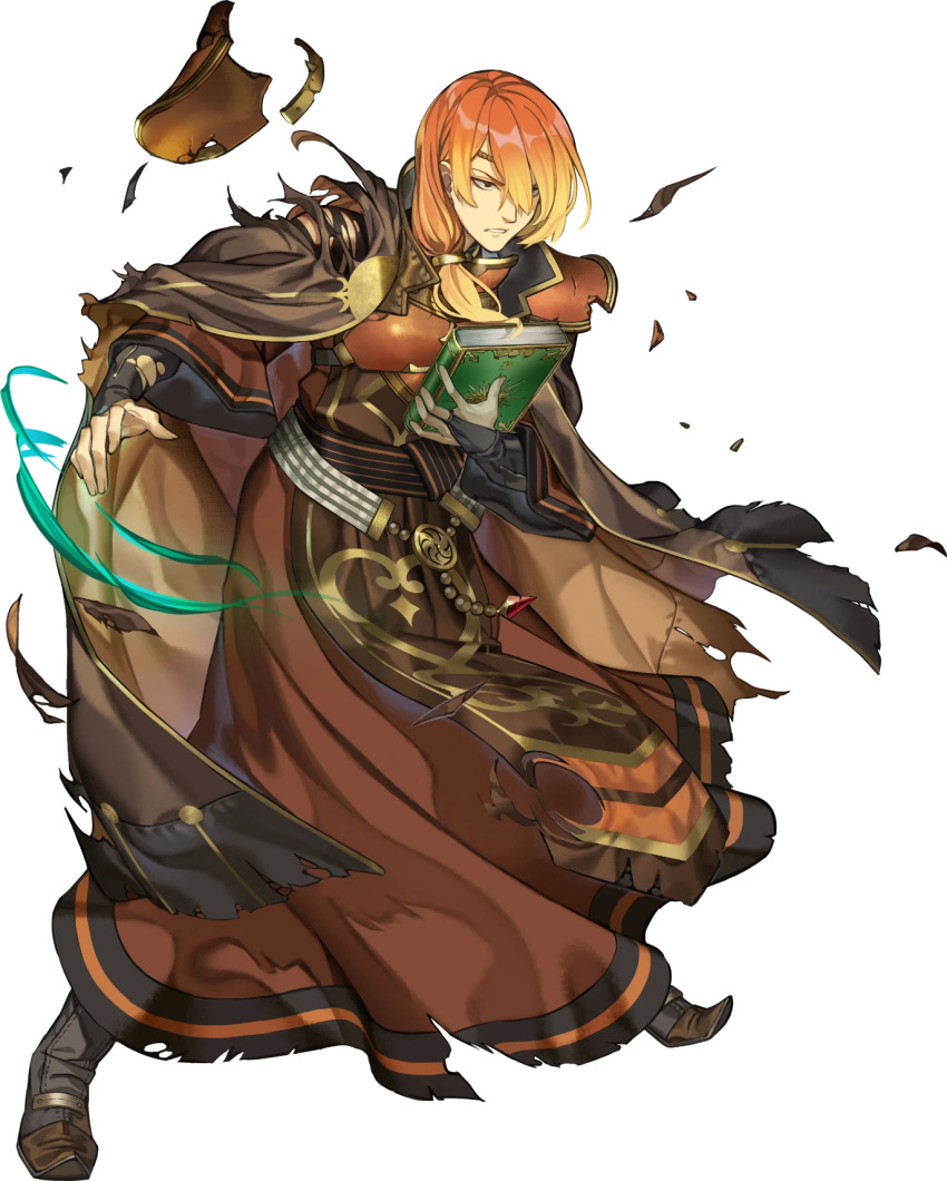 1boy, armor, book, bracelet, breastplate, broken_armor, brown_eyes, cape, circlet, fire_emblem, fire_emblem_echoes:_shadows_of_valentia, fire_emblem_heroes, full_body, gradient_hair, highres, holding, holding_book, jewelry, long_hair, low-tied_long_hair, luthier_(fire_emblem), maco_(wondermind), male_focus, multicolored_hair, non-web_source, official_art, orange_hair, parted_lips, pointy_footwear, solo, torn_clothes, transparent_background