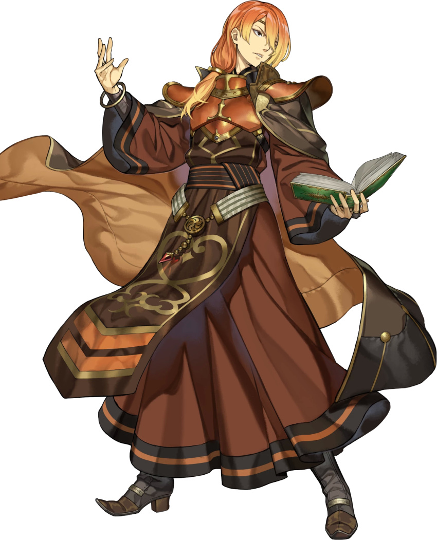 1boy, armor, book, bracelet, breastplate, brown_eyes, cape, circlet, fire_emblem, fire_emblem_echoes:_shadows_of_valentia, fire_emblem_heroes, full_body, gradient_hair, highres, holding, holding_book, jewelry, long_hair, low-tied_long_hair, luthier_(fire_emblem), maco_(wondermind), male_focus, multicolored_hair, non-web_source, official_art, open_book, orange_hair, parted_lips, pointy_footwear, solo, transparent_background