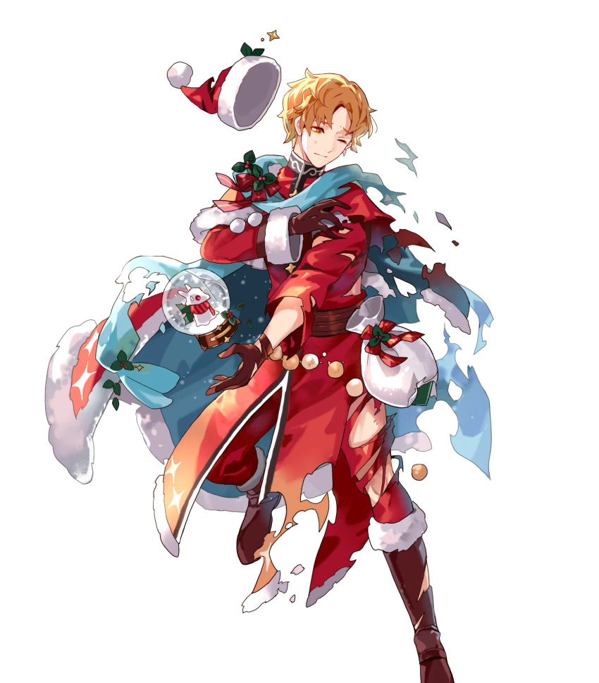 1boy, artur_(fire_emblem), artur_(fire_emblem)_(silver_saint), boots, brown_footwear, brown_gloves, cape, christmas