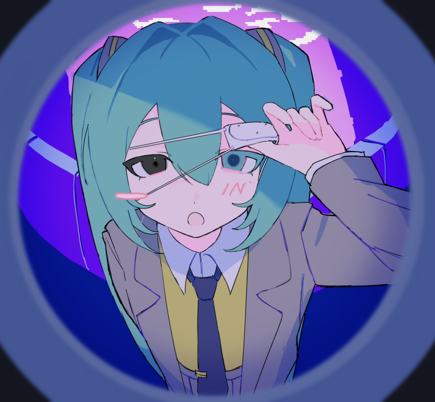 1girl, :o, aqua_eyes, aqua_hair, arm_at_side, asymmetrical_blush, black_eyes, black_necktie