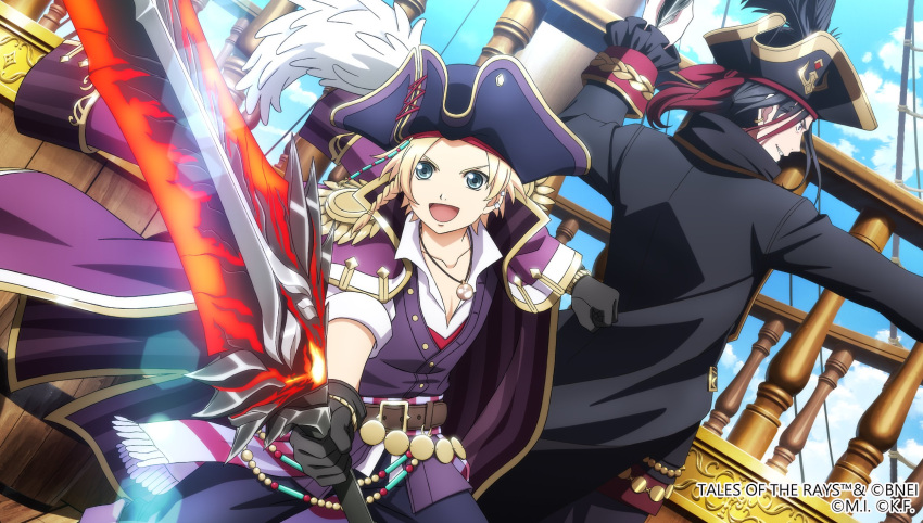 2boys, :d, back-to-back, belt, bicorne, black_coat, black_gloves, black_hair