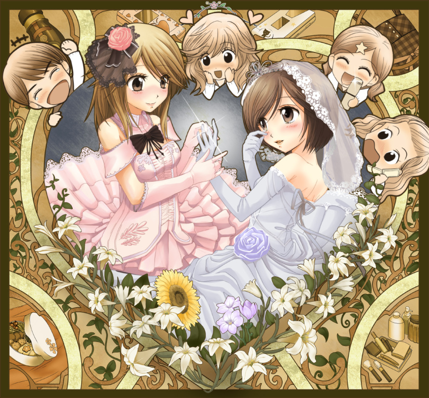 blush, brown_eyes, brown_hair, cellphone, dress, flower, girl_friends_(manga), happy