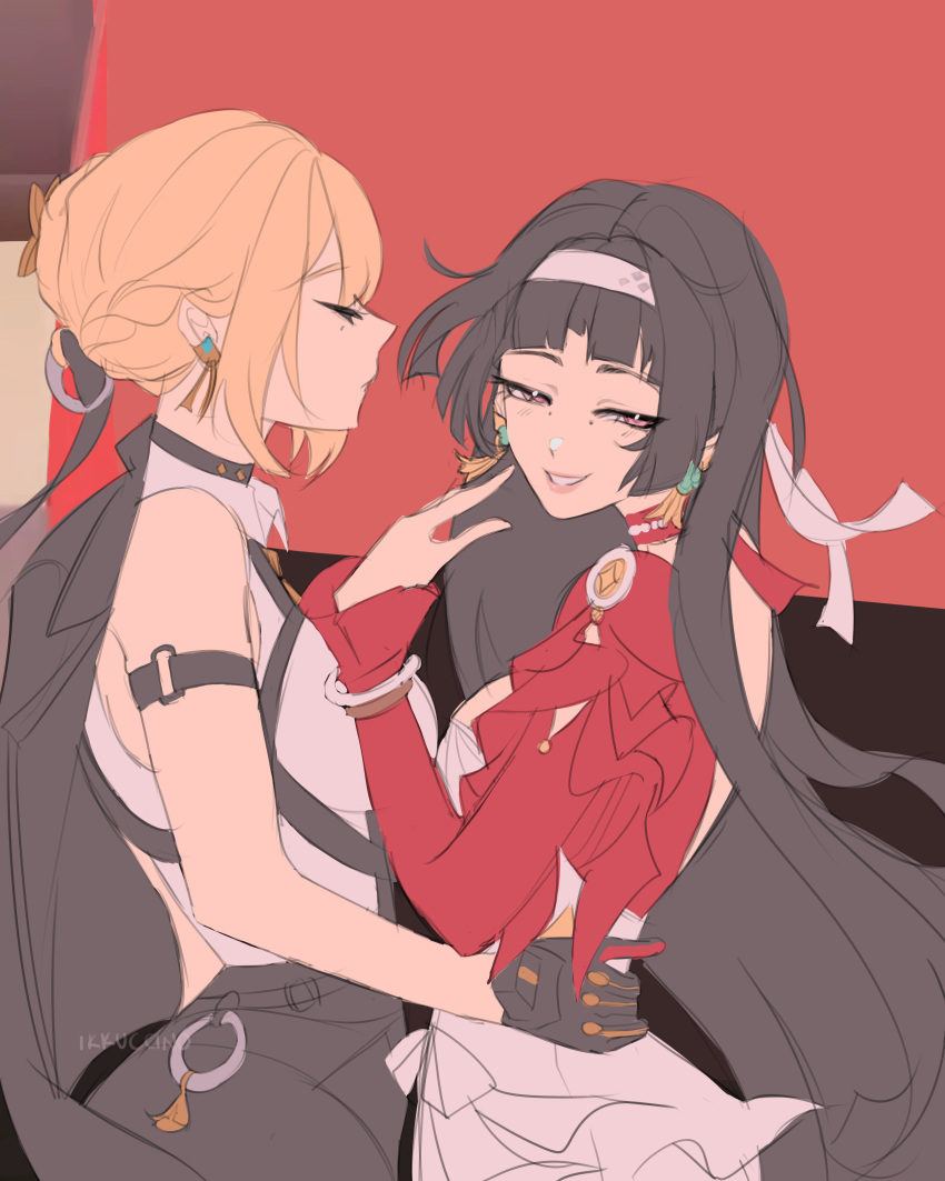 2girls, absurdres, astra_yao, bare_shoulders, black_gloves, black_hair, blonde_hair, closed_eyes