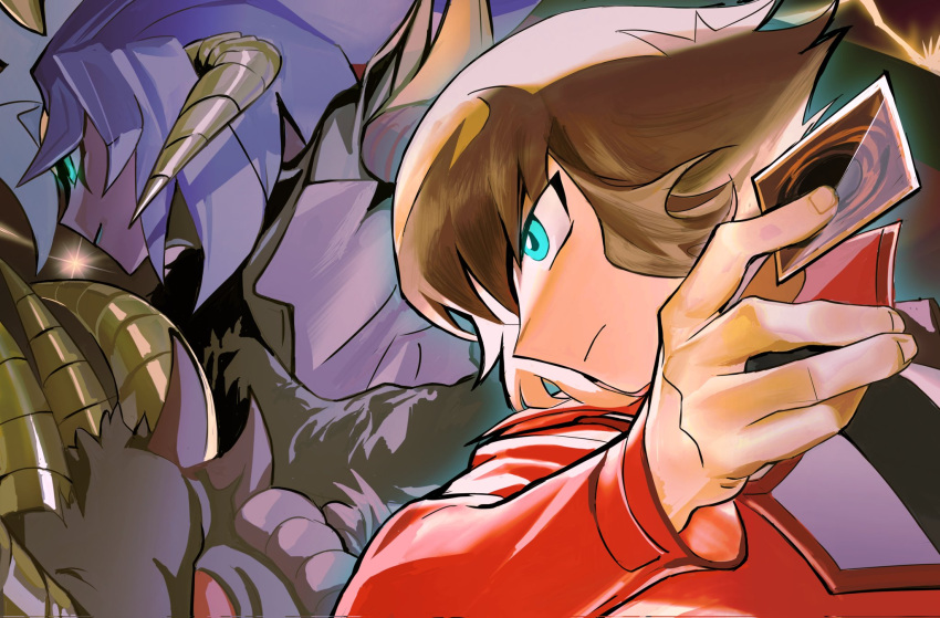 blue_hair, brown_hair, card, demon_girl, demon_horns, dragon_horns, duel_academy_uniform_(yu-gi-oh!_gx), duel_monster