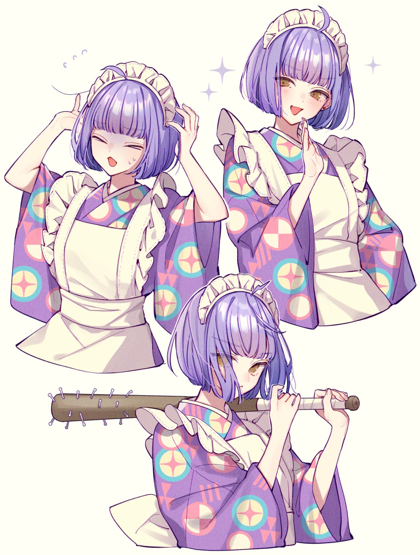 >_<, 1girl, :d, ahoge, ametomea, apron, arms_up, baseball_bat