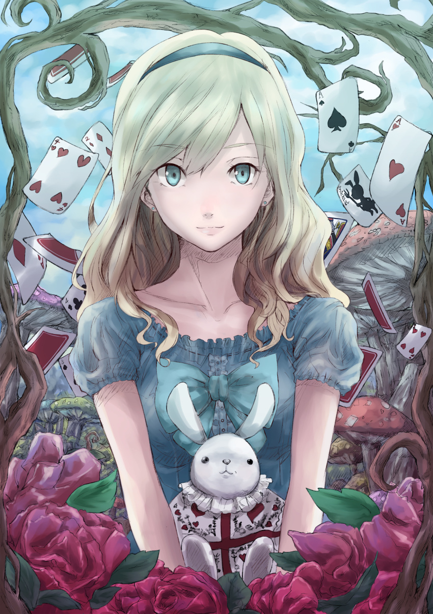 alice_(wonderland), alice_in_wonderland, blonde_hair, blue_eyes, bunny, card, earrings, falling_card
