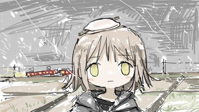 1girl, blank_eyes, blank_stare, blonde_hair, food, food_on_head, grey_hoodie, hanabira_mochi, highres, hood, hoodie, landscape, no_pupils, object_on_head, original, outdoors, portrait, short_hair, sketch, snowing, train, tsukumizu_yuu, yellow_eyes