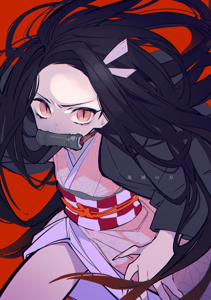 1girl, absurdres, bamboo, bit_gag, black_hair, brown_hair, checkered_haori, checkered_sash