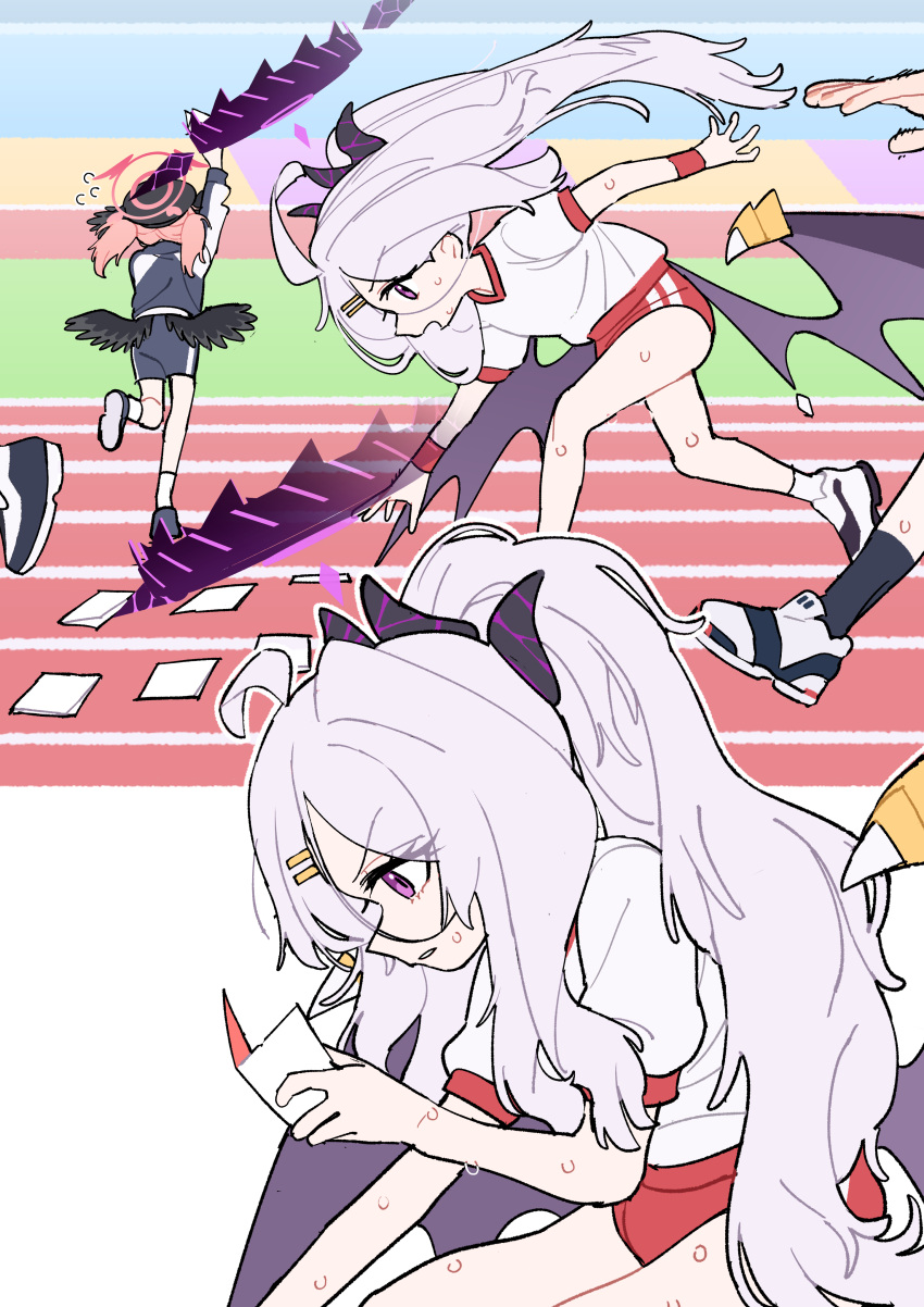 1other, 2girls, absurdres, ahoge, alternate_costume, black_wings, blue_archive, buruma, commentary, demon_horns, demon_wings, feathered_wings, gym_uniform, hair_ornament, hairclip, halo, highres, hina_(blue_archive), horns, je_o_mo, koharu_(blue_archive), long_hair, low_wings, multiple_girls, paper, pink_hair, pink_halo, purple_halo, red_buruma, running_track, scavenger_hunt, shirt, shoes, sneakers, sweat, track_and_field, twintails, white_hair, white_shirt, wings