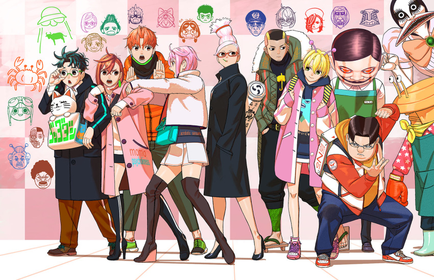 abduction, abstract_background, adjusting_eyewear, alien, angry, animal_print, ankle_boots, antennae