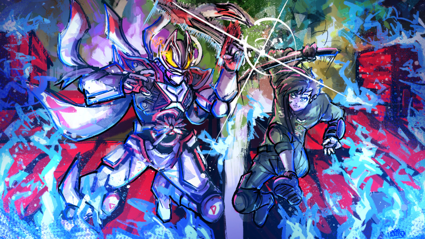 2boys, abstract_background, animal_ears, armband, armor, battle, commission, commissioner_upload