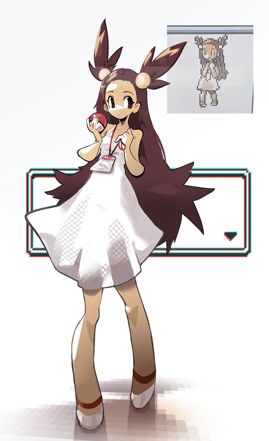 1girl, breasts, brown_eyes, brown_hair, closed_mouth, dot_mouth, dress, full_body