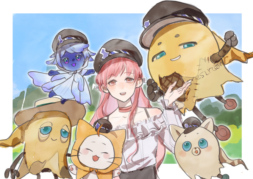 1girl, ^_^, absurdres, animal, baonageyi, bare_shoulders, beanie_(infinity_nikki), belt, black_belt, black_hat, blue_sky, blush_stickers, border, bow, bowtie, bra_strap, bracelet, bush, capelet, cat, character_request, choker, closed_eyes, clothed_animal, collarbone, day, ear_covers, earrings, floating, frilled_shirt, frilled_sleeves, frills, giroda_(infinity_nikki), hair_down, hand_up, happy, hat, highres, hood, hood_up, hooded_capelet, infinity_nikki, jewelry, light_blush, long_hair, long_sleeves, momo_(nikki), nikki_(nikki), nikki_(series), off-shoulder_shirt, off_shoulder, open_mouth, orange_bow, orange_bowtie, outdoors, outline, outside_border, peaked_cap, pink_choker, pink_hair, raggy_the_piecey, see-through_clothes, see-through_sleeves, shirt, sidelocks, single_stripe, sky, smile, standing, striped_choker, stud_earrings, teeth, traditional_bowtie, upper_body, upper_teeth_only, wavy_hair, whiskers, white_border, white_cat, white_outline, white_shirt, yellow_capelet