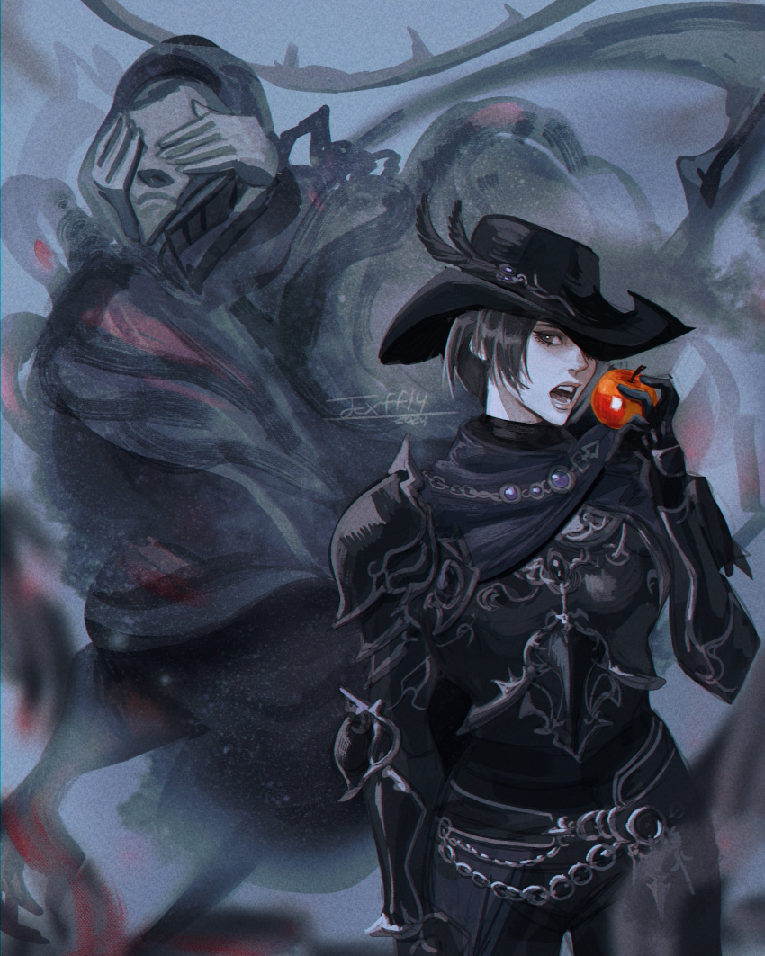 1girl, 1other, absurdres, androgynous, armor, black_eyes, black_gloves, black_hair