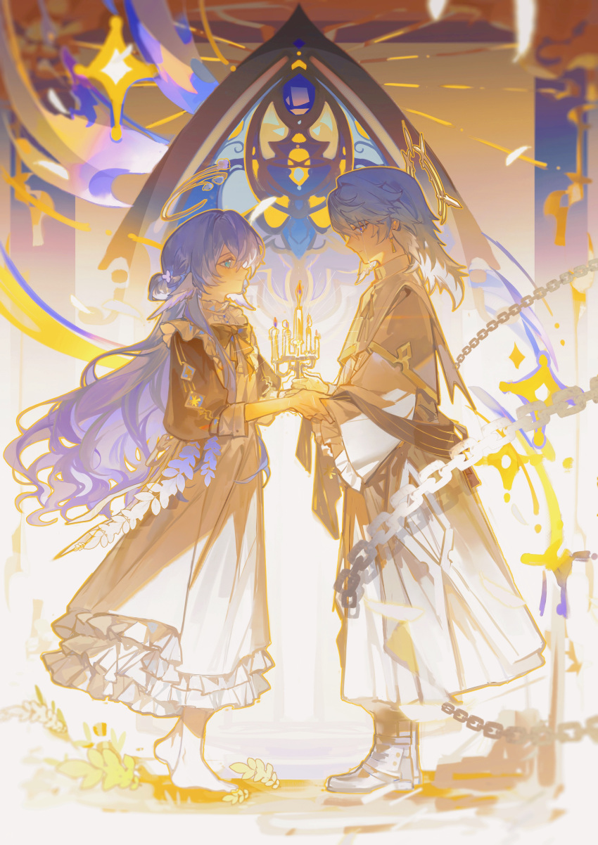 1boy, 1girl, absurdres, aged_down, barefoot, black_ribbon, black_sleeves, blue_pupils