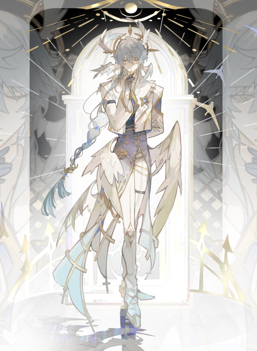 1boy, absurdres, alternate_costume, alternate_hair_length, alternate_hairstyle, aqua_coat, arm_behind_back, black_gloves, braid, closed_eyes, closed_mouth, coat, cropped_jacket, cross, earrings, feathered_wings, flower, full_body, gloves, gold_earrings, gold_trim, gradient_coat, grey_hair, hair_between_eyes, halo, halo_behind_head, hand_up, head_wings, highres, holding, holding_cross, honkai:_star_rail, honkai_(series), iron_hailai, jacket, jewelry, long_hair, low-tied_long_hair, low_wings, male_focus, multiple_wings, pants, purple_coat, rose, shoes, single_braid, single_tear, solo, spiked_halo, standing, sunday_(honkai:_star_rail), thigh_strap, white_footwear, white_jacket, white_pants, white_wings, wings, yellow_eyes, yellow_flower, yellow_rose, zoom_layer