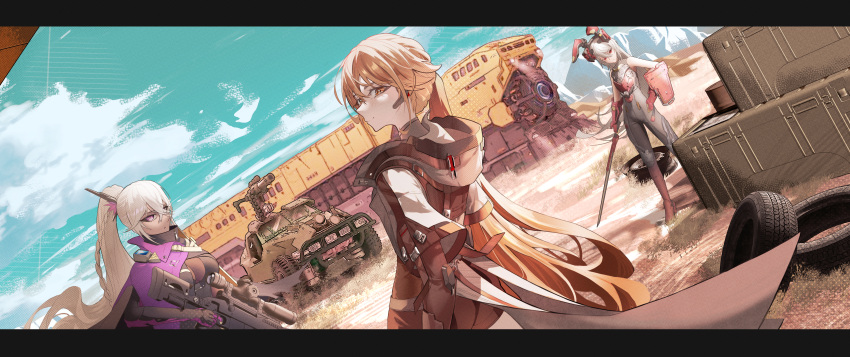 3girls, absurdres, animal_ears, anti-materiel_rifle, blonde_hair, blue_sky, bolt_action, box