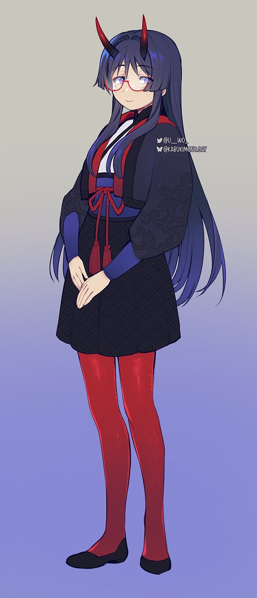 1boy, black_footwear, black_hair, bluesky_username, carbuncly, closed_mouth, cosplay, crossdressing, english_commentary, flats, full_body, genshin_impact, glasses, gradient_background, hair_between_eyes, highres, honkai_(series), honkai_impact_3rd, horns, long_hair, looking_at_viewer, male_focus, mihoyo, mole, mole_under_eye, own_hands_together, pantyhose, purple_hair, raiden_mei, raiden_mei_(cosplay), red-framed_eyewear, red_pantyhose, scaramouche_(genshin_impact), simple_background, solo, standing, tassel, twitter_username, violet_eyes