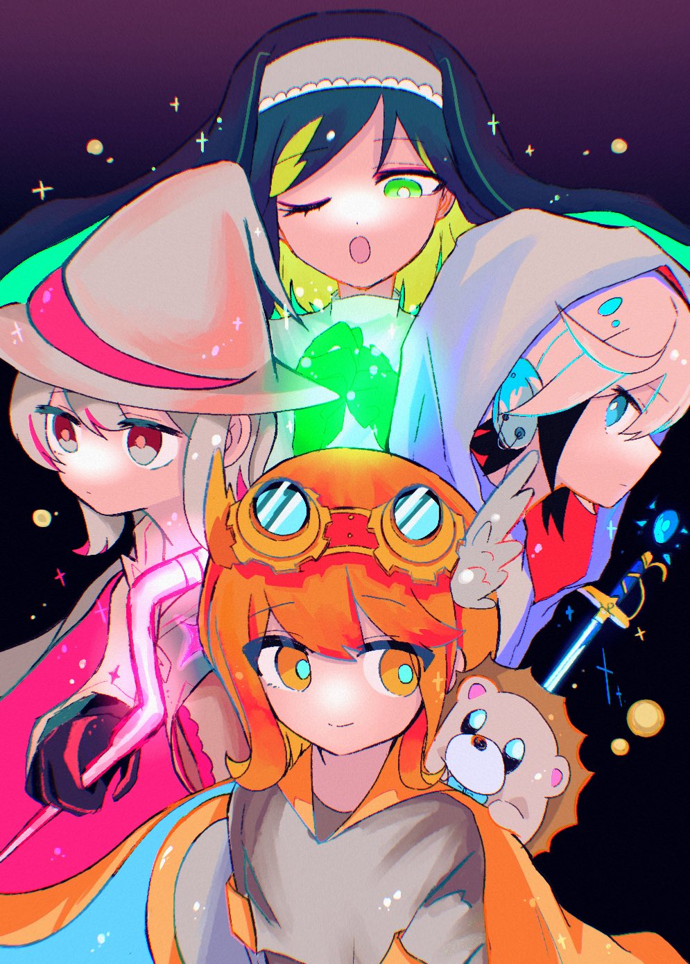 1other, 3girls, ;o, alternate_costume, ambiguous_gender, animal_on_shoulder, black_background, black_hair, black_undershirt, blue_eyes, cape, colored_inner_hair, eyewear_on_head, from_side, goggles, goggles_on_head, green_eyes, green_hair, grey_eyes, grey_hair, grey_hat, grey_shirt, hat, hedgehog, highres, holding, holding_staff, kettobashita_moufu_(zutomayo), looking_at_another, magic, multicolored_hair, multiple_girls, neko_reset_(zutomayo), nira-chan, nira-chan_(kettobashita_moufu)_(zutomayo), nira-chan_(nurse)_(neko_reset)_(zutomayo), nira-chan_(seigi)_(zutomayo), nun, one_eye_closed, open_mouth, orange_cape, orange_eyes, orange_hair, orange_trim, pink_hair, pino_(pino_ztmy), seigi_(zutomayo), shirt, sidelocks, smile, staff, streaked_hair, sword, teiketsu_(neko_reset)_(zutomayo), teiketsu_(zutomayo), two-tone_hair, uniguri_(zutomayo), weapon, white_hair, witch_hat, zutto_mayonaka_de_ii_no_ni