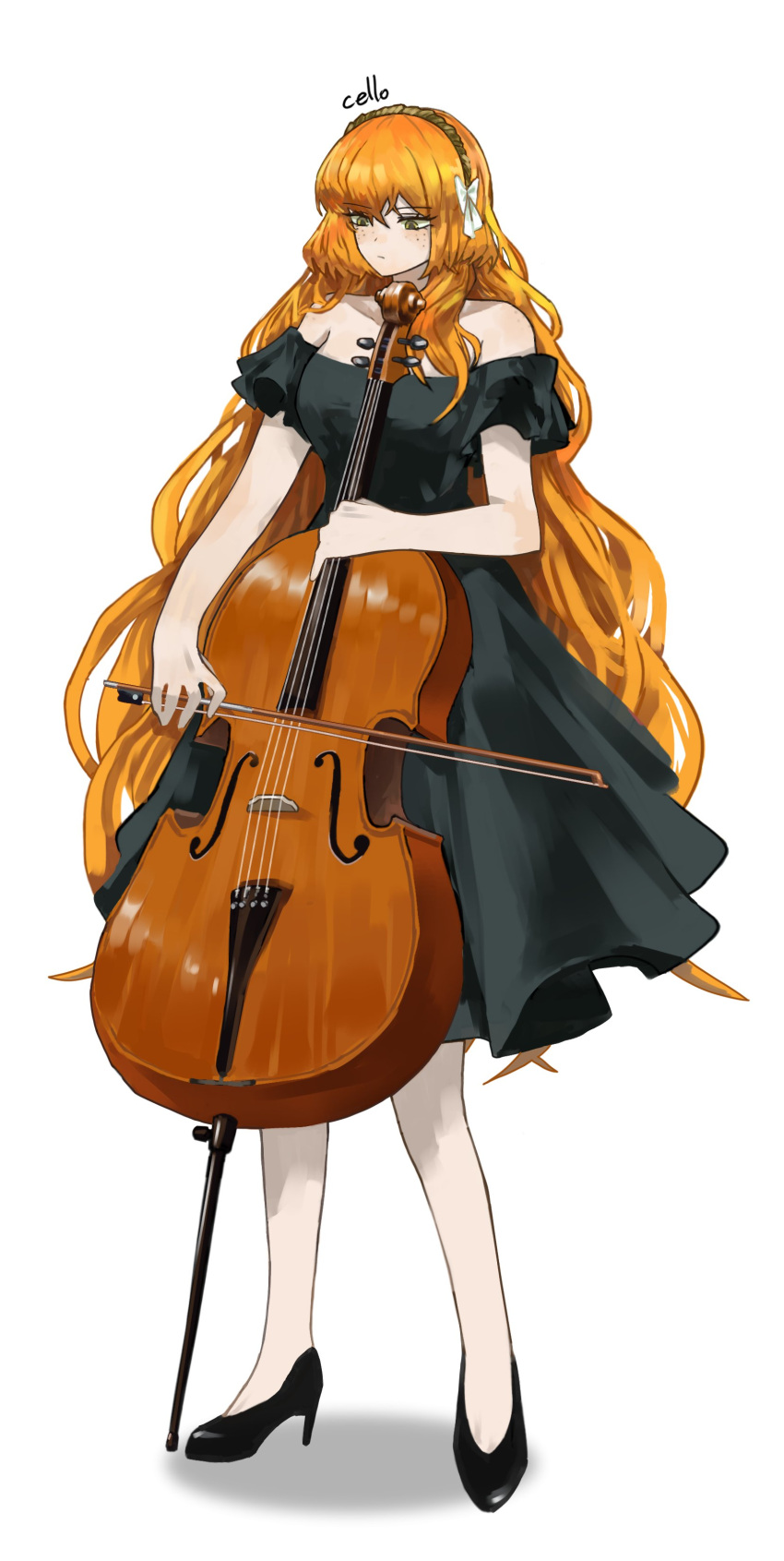 1girl, absurdres, bare_shoulders, black_dress, black_footwear, bow, cello, closed_mouth