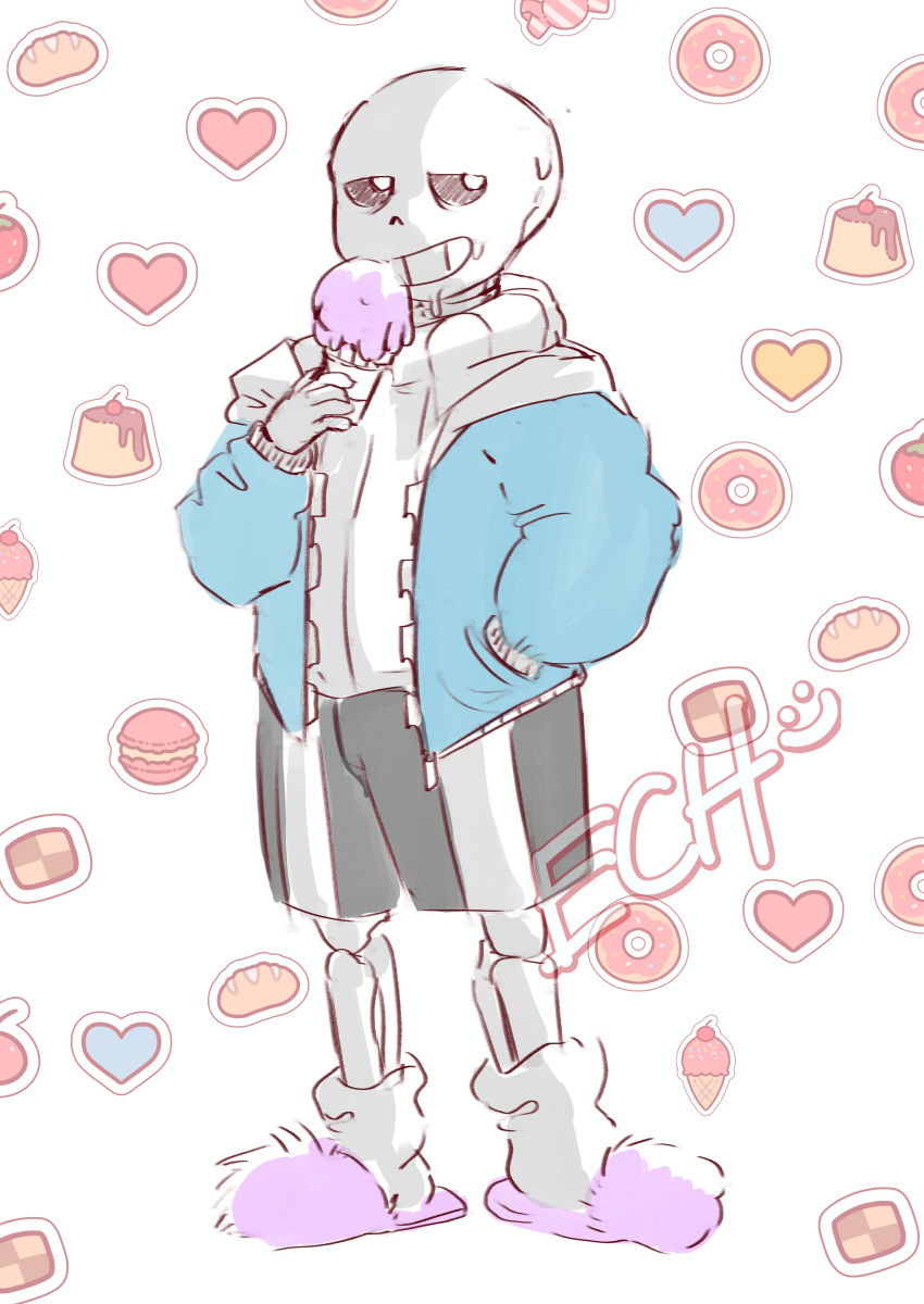 1boy, 2023, 2d, absurdres, artist_name, black_pants, blue_jacket, bread, cookie, digital_media, doughnut, ech7474, food, food-themed_background, full_body, hand_in_pocket, heart, heart_background, highres, holding, hood, hooded_jacket, humanoid, ice_cream, ice_cream_cone, jacket, macaron, male, male_only, monster, monster_boy, pants, pink_slippers, pudding, sans_(undertale), simple_background, skeleton, slippers, socks, solo, standing, striped, striped_pants, sweater, teeth, undead, undertale, watermark, white_background, white_socks, white_stripes