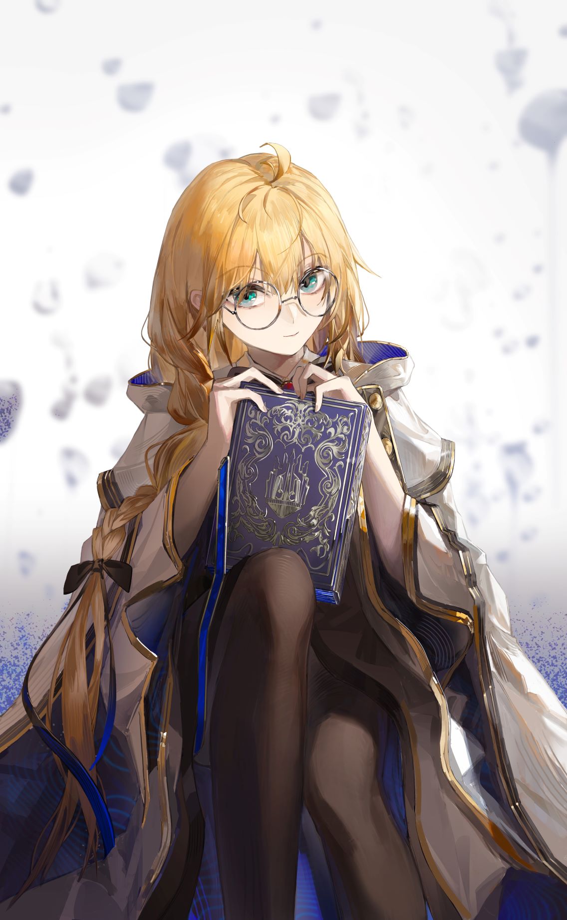 1girl, aesc_(fate), aesc_(rain_witch)_(fate), black_dress, blonde_hair, blue_eyes, book, braid, breasts, brooch, brown_pantyhose, cloak, dress, fate/grand_order, fate_(series), feijiu, glasses, gold_trim, highres, jewelry, long_hair, long_sleeves, looking_at_viewer, medium_breasts, pantyhose, round_eyewear, side_ponytail, solo, two-tone_dress, white_cloak, white_dress, wide_sleeves