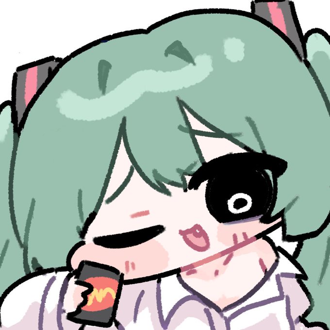 1girl, bags_under_eyes, black_sclera, blue_hair, blush_stickers, borrowed_clothes, card, chibi, chibi_only, collared_shirt, colored_sclera, eyeshadow, fang, hair_ornament, hatsune_miku, holding, holding_card, long_hair, long_sleeves, makeup, mimukauwa_nice_try_(vocaloid), miratsu_(miratsu169), open_mouth, shirt, solo, twintails, uno_(game), upper_body, vocaloid, white_eyes, white_shirt
