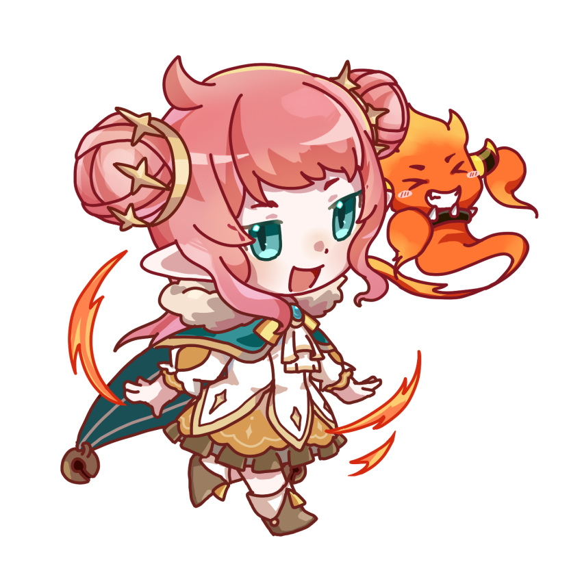 1girl, :d, bell, blue_eyes, blush, cape, chibi, closed_eyes