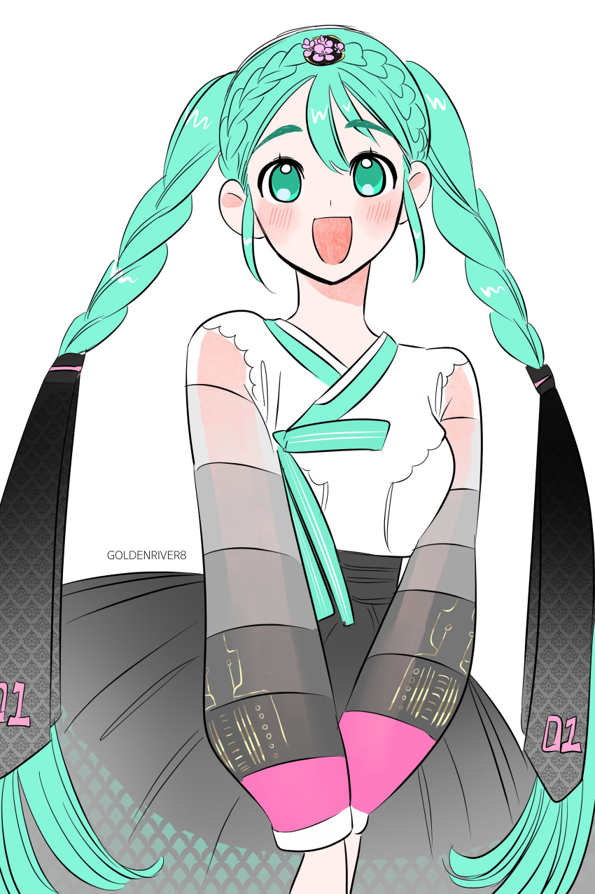 1girl, absurdres, aqua_eyes, aqua_hair, braid, crown_braid, goldenriver8, hanbok, happy, hatsune_miku, highres, korea, korean_clothes, long_hair, open_mouth, smile, twin_braids, vocaloid, white_background, worldwide_miku