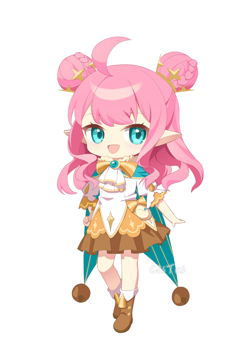 1girl, :d, absurdres, ahoge, bell, blue_eyes, boots, bow, braid, braided_bun, brown_footwear, brown_skirt, chibi, double_bun, full_body, hair_bun, highres, krithia_(roco_kingdom:world), long_hair, looking_at_viewer, open_mouth, pink_hair, pleated_skirt, pointy_ears, rexinshimin_cistus, roco_kingdom:world, shirt, short_sleeves, simple_background, skirt, smile, solo, standing, wavy_hair, white_background, white_shirt