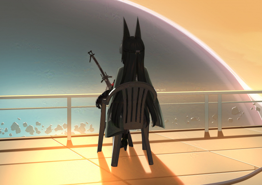 1girl, absurdres, animal_ears, black_hair, boots, burns5, chair, fox_ears