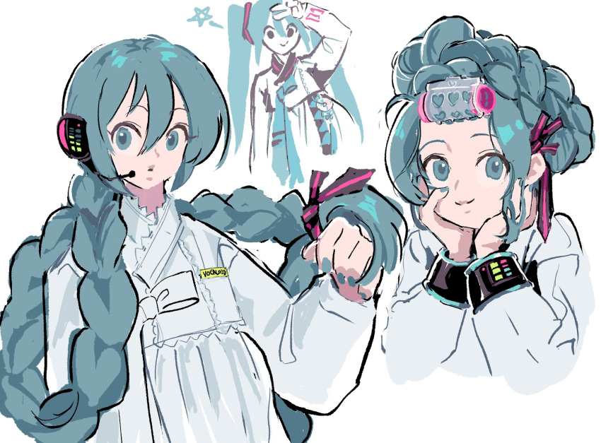1girl, agoh3, alternate_hairstyle, aqua_eyes, aqua_hair, braid, hanbok, hatsune_miku