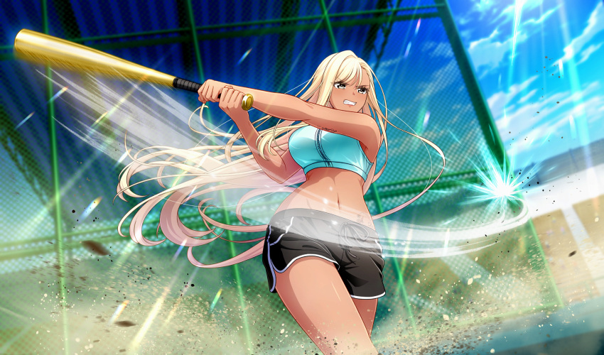 1girl, attack_trail, baseball_bat, baseball_stadium, black_shorts, blonde_hair, blurry, chain-link_fence