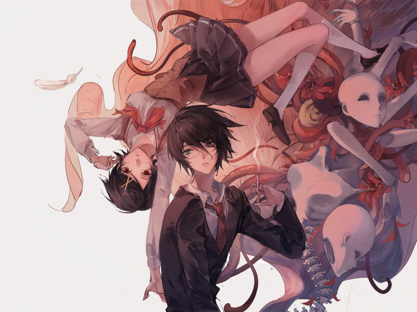 1boy, 1girl, black_hair, black_jacket, black_skirt, bow, bowtie, cigarette, collared_shirt, commentary_request, cosplay, expressionless, feathers, floating, full_body, fuura_kafuka, glasses, green_eyes, hair_between_eyes, hair_ornament, highres, hitomi_hirosuke_(sayonara_wo_oshiete), hitomi_hirosuke_(sayonara_wo_oshiete)_(cosplay), holding, holding_cigarette, itoshiki_nozomu, jacket, kneehighs, loafers, looking_at_another, looking_at_viewer, mannequin, name_connection, necktie, parody, parted_lips, pleated_skirt, red_bow, red_bowtie, red_eyes, red_necktie, sayonara_wo_oshiete, sayonara_zetsubou_sensei, school_uniform, shirt, shoes, short_hair, skirt, smoking, socks, sugamo_mutsuki, sugamo_mutsuki_(cosplay), upper_body, upside-down, vest, white_background, white_shirt, white_socks, x_hair_ornament, yellow_vest, yeluo_black