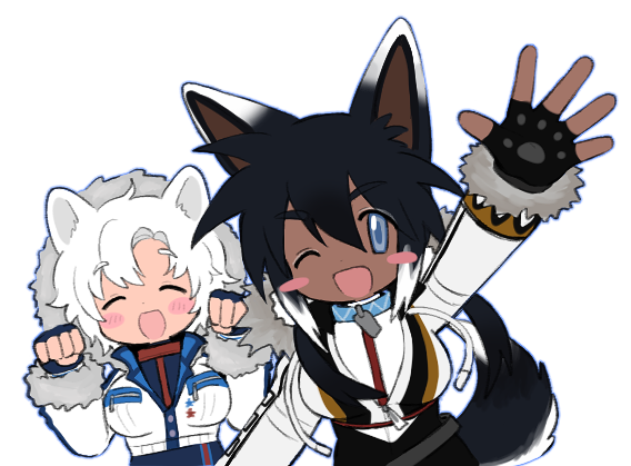 >_o, 2girls, :d, arm_up, black_hair, blue_collar, blue_eyes, blush