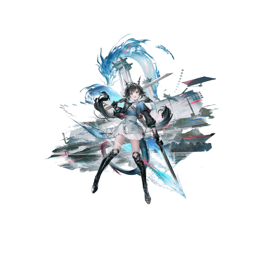 1girl, arknights, arknights:_endfield, black-footed_cat, black_hair, blue_capelet, boots, capelet