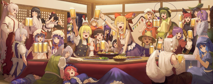 6+girls, :d, ^_^, absurdres, alcohol, animal_ears, animal_hat, apron