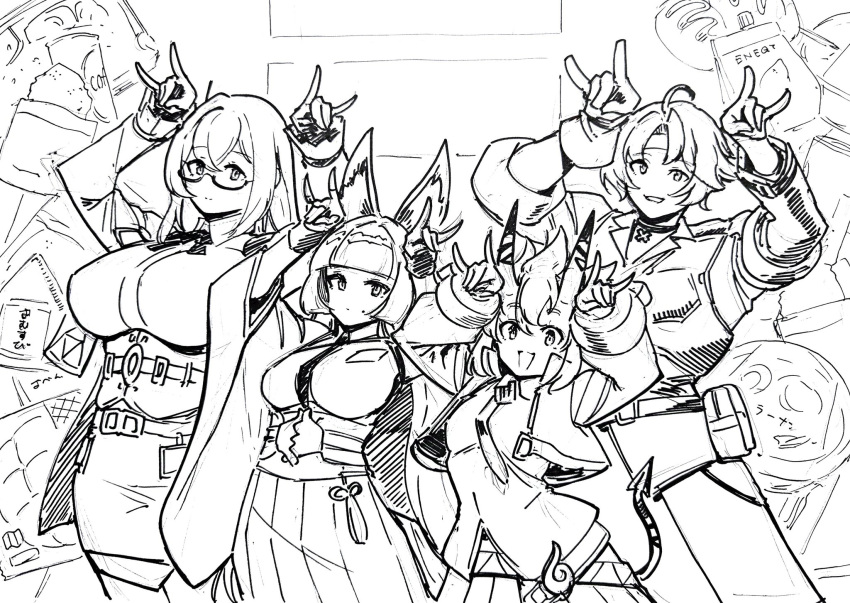 1boy, 3girls, arms_up, asaba_harumasa, blunt_bangs, breasts, closed_mouth, cowboy_shot