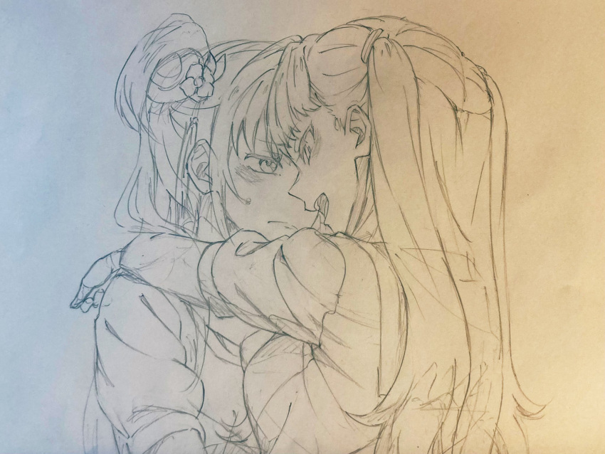 2girls, arms_around_neck, assassin_(pencilblood76), blue_background, breasts, closed_mouth, commentary_request, eye_contact