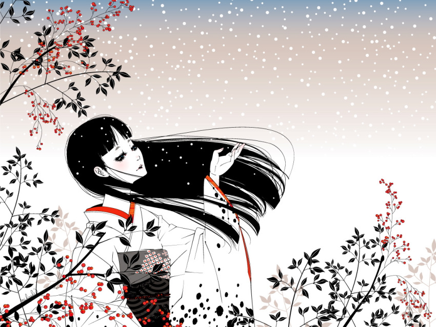 hime_cut, japanese_clothes, kimono, long_hair, mihoshi, original, snow, solo