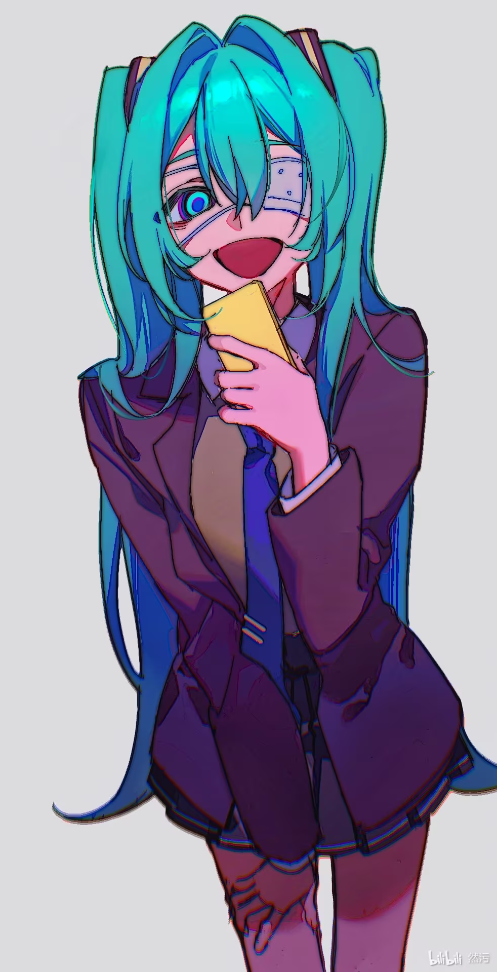 1girl, :d, aqua_eyes, aqua_hair, artist_name, bilibili_username, black_skirt, blazer