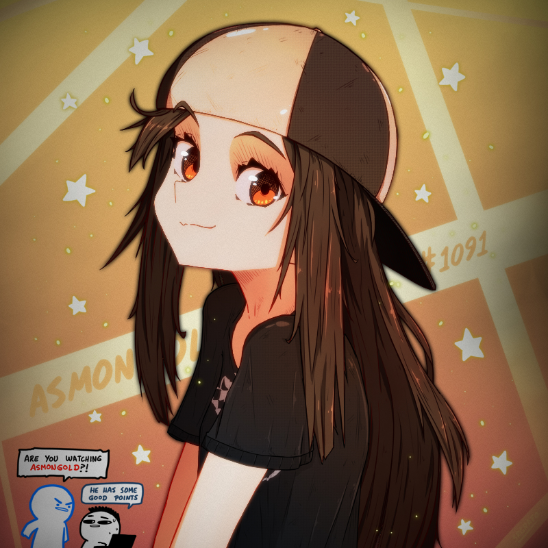 1girl, 2boys, artist_name, artist_self-insert, asmongold, baseball_cap, black_footwear, black_shirt, brown_eyes, brown_hair, brown_hat, character_name, english_text, genderswap, genderswap_(mtf), gradient_background, hat, long_hair, looking_at_viewer, looking_to_the_side, multiple_boys, orange_background, real_life, shirt, short_sleeves, smile, speech_bubble, srgrafo, star_(symbol), turning_head, two-tone_hat, upper_body, white_hat, yellow_background