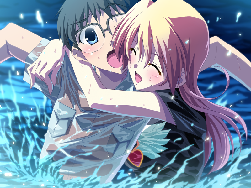 1boy, 1girl, black_shirt, blue_eyes, blush, breasts, closed_eyes, game_cg