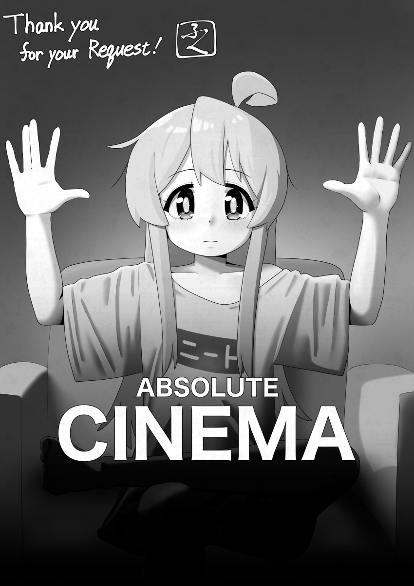 1girl, absolute_cinema_(meme), absurdres, ahoge, armchair, chair, commentary, commission