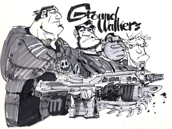 4boys, armor, augustus_cole, bandana, chinstrap_beard, damon_baird, dominic_santiago, facial_hair, gears_of_war, goatee, goggles, goggles_on_head, gun, hirano_masanori, lancer_(gears_of_war), marcus_fenix, monochrome, multiple_boys, power_armor, weapon