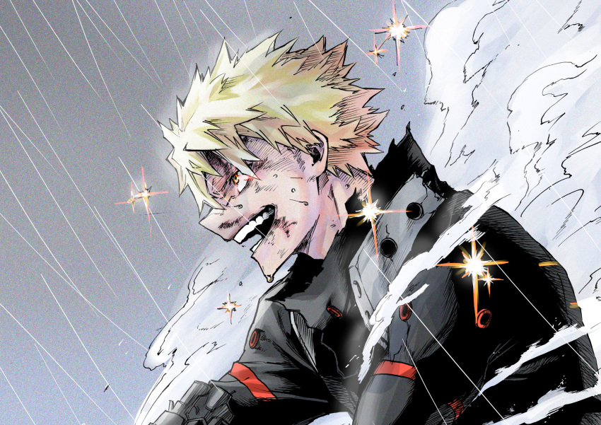 1boy, absurdres, bakugou_katsuki, black_shirt, blonde_hair, boku_no_hero_academia, dirty, dirty_face