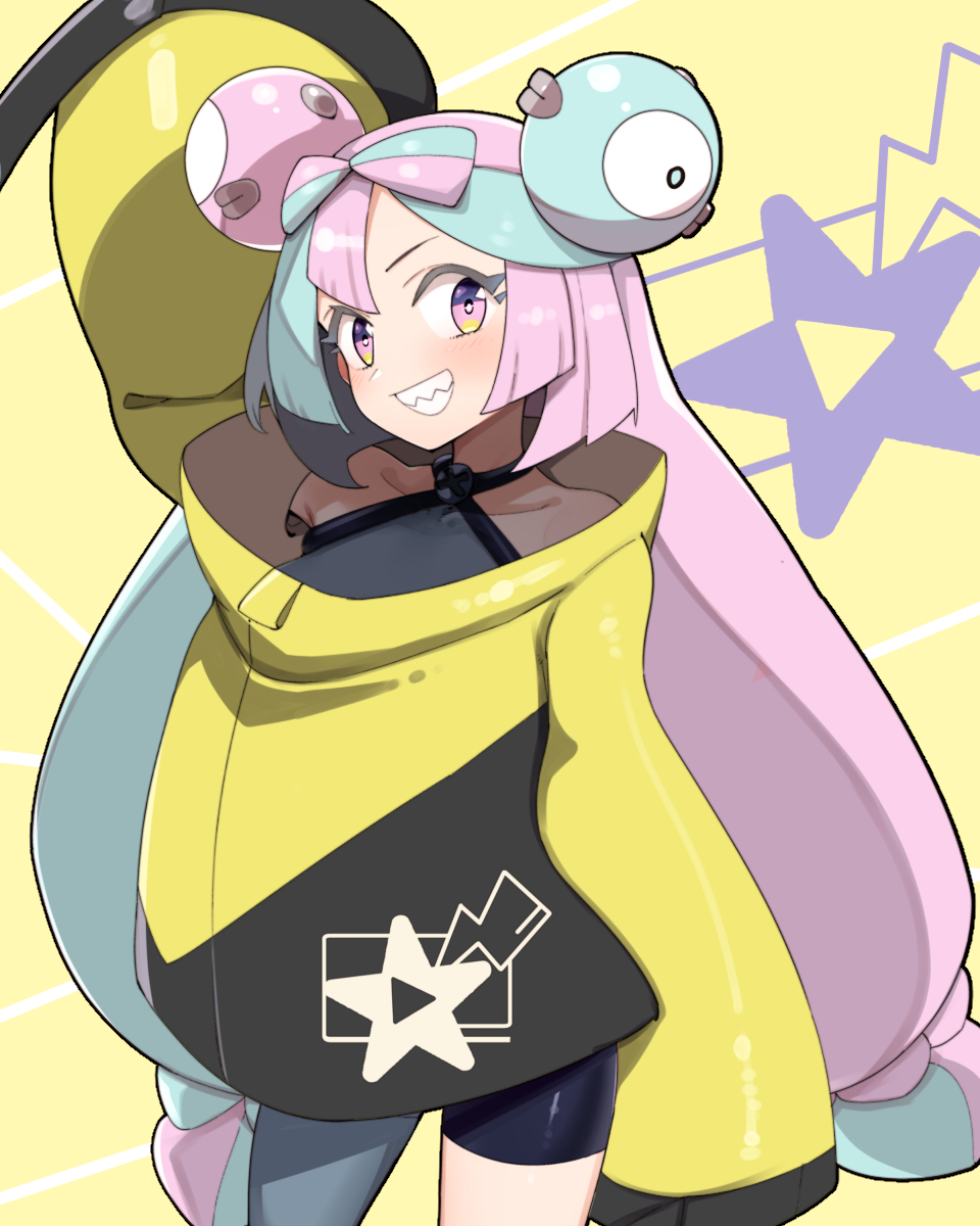 1girl, arm_up, bike_shorts, bow-shaped_hair, character_hair_ornament, collarbone, commentary_request, georugu13